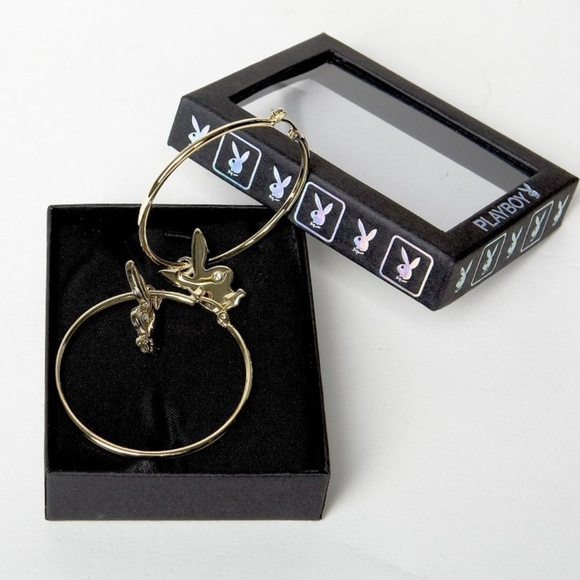 Playboy Earrings Hoops Bunny Charms Gold Plated y2k Deadstock Authentic Licensed - Picture 2 of 5
